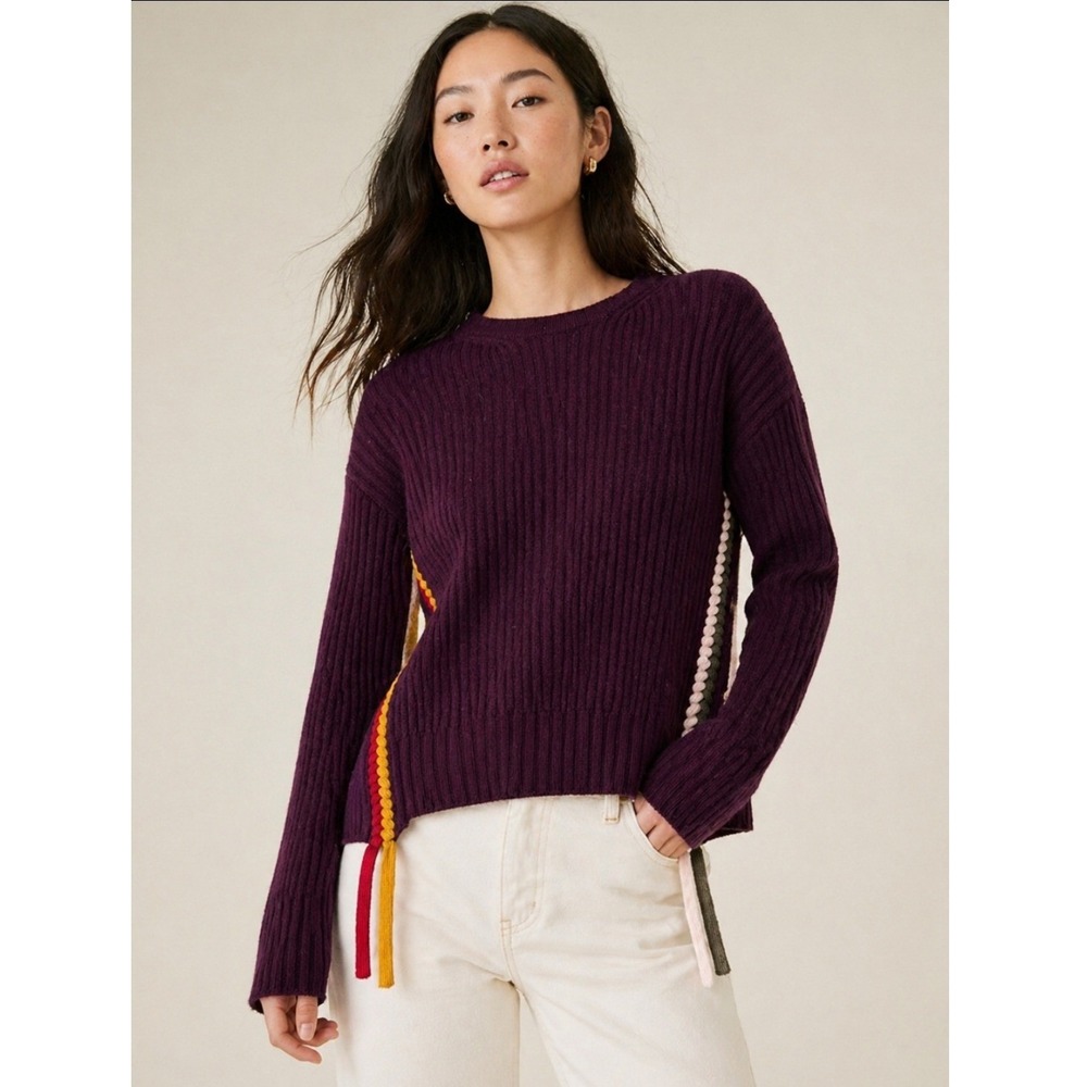 Derek Lam 10 Crosby‎ Sweater Women XS 100% Merino Wool Ribbed Braided Trim Plum
